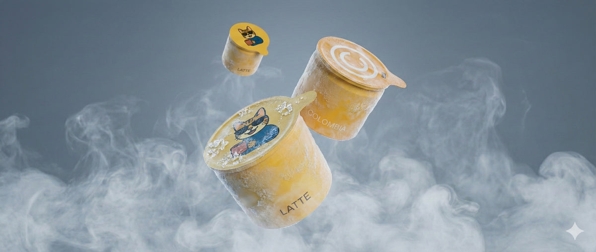 Gros plan d'un cube de café se dissolvant dans l'eau en formant des stries semblables à celles d'un espresso. 